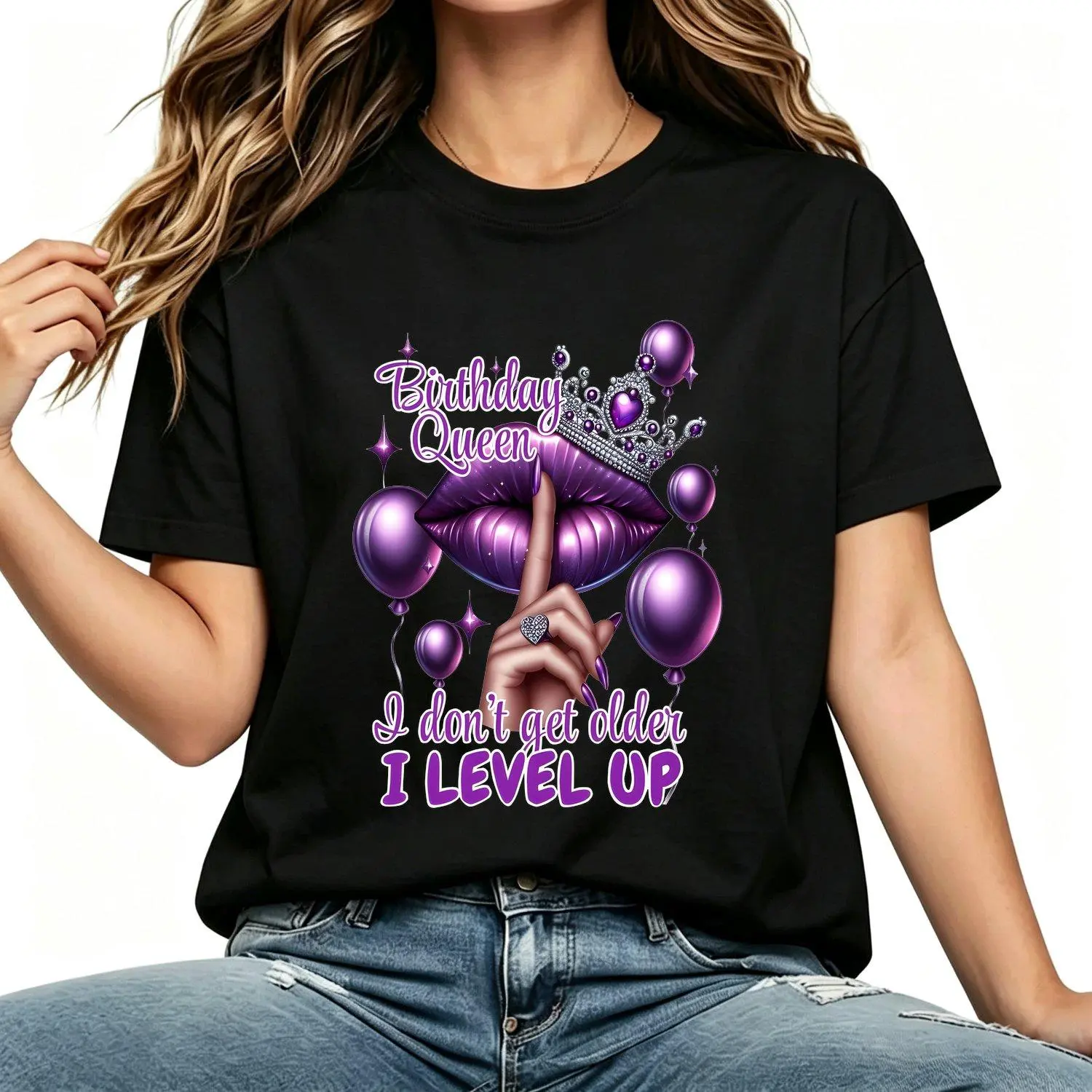 Women Birthday Queen Graphic T Shirt I Dont Get Older I Level Up Lips Crown Design Casual Short Sleeve Crew Neck Top Summer Spring Versatile Tee