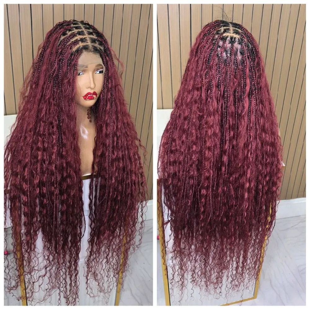 Burgundy Boho Knotless Braided Wig Fullace with Long Curly Hair for Women Lace Front Wigs Glueless Synthetic Wig