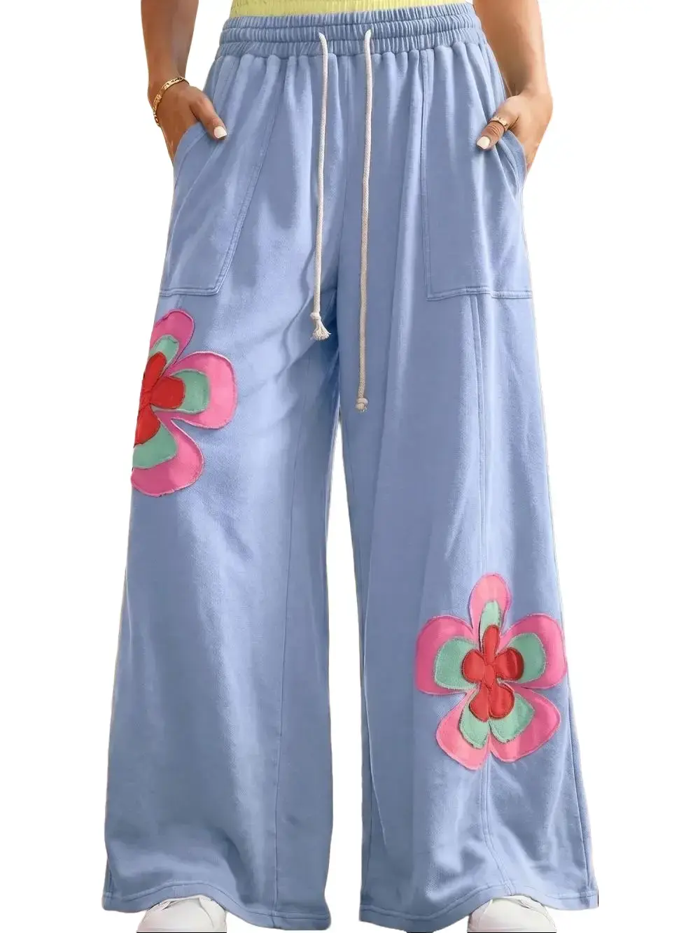 PHEFEE Women's Boho Floral Patchwork Wide Leg Sweatpants High Waisted Drawstring Casual Baggy Lounge Pants with Pockets