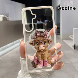 Fashionable Highland Cow Pattern Magnetic Phone Case Compatible With Samsung Galaxy S23 Ultra S24 Plus FE S25 S22+ Non-Yellowing Clear Crystal Drop-proof Slim Silicone Shockproof Transparent Acrylic Cover Supports Wireless Charging