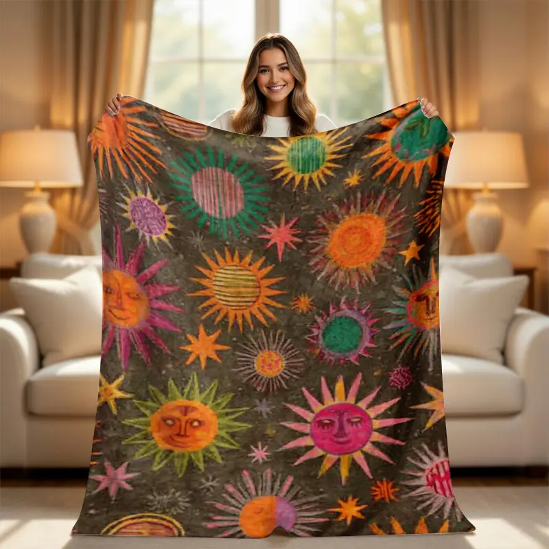 Retro Celestial Sun Flannel Blanket - Boho, Bohemian Style, Art Graphic, Colorful Graphic, Celestial Blankets, Vintage Maximalist Room Decor, Couch Throw, Eclectic Home Gift, Boho Blankets