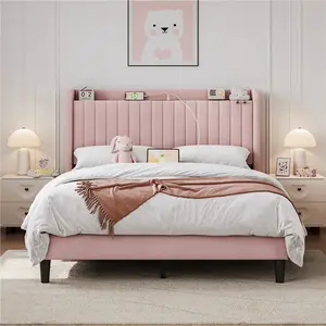 Velvet Bed Frame With Charging Station, Platform Bed Frame With Upholstered Headboard, Wood Slat Support, Pink/Beige, Queen/Full Size