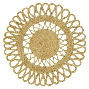 212 MAIN Round Jute Fiber Table Placemats - 16 in. Loopy Design, Set of 4, Rustic Natural Tableware with Coaster Set, Coffee Table Mat