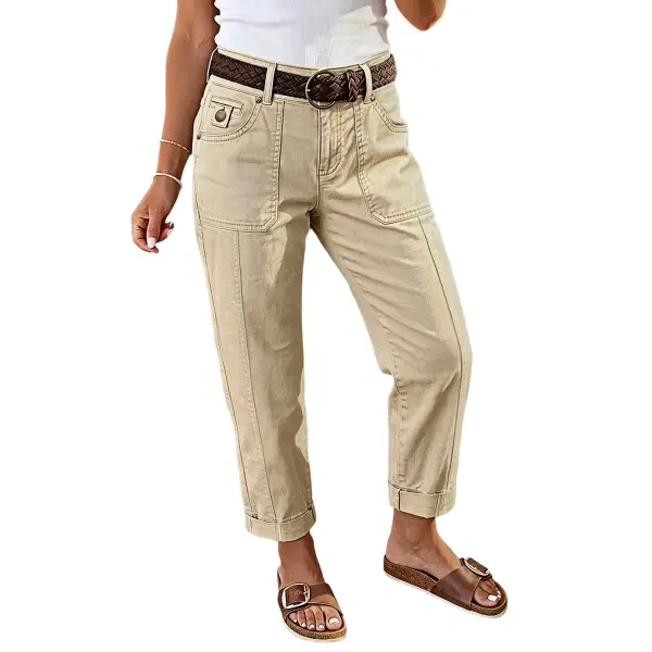 Flamingals Solid Roll Hem Mid Waist Tapered Crop Pants Without Belt Womenswear Stretchy 24.6" Inseam