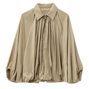 Songling Womens Puffed Bomber Jacket Casual Batwing Sleeve Lapel Collar Zip Shirts Oversized Pleated Streetwear JacketsTikTokShopBlackFriday Chic Coats Everyday Lightweight   Womenswear