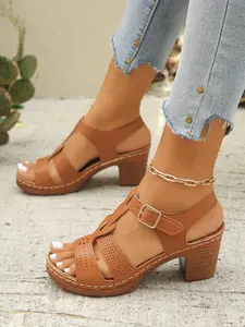 Women's Fashionable Plain Color Ankle Strap Sandals, Leather Sandals, Fashionable Heeled Sandals, Elegant Versatile Sandals for Summer, Lightweight Breathable Comfortable Shoes for Daily Wear, Footwear