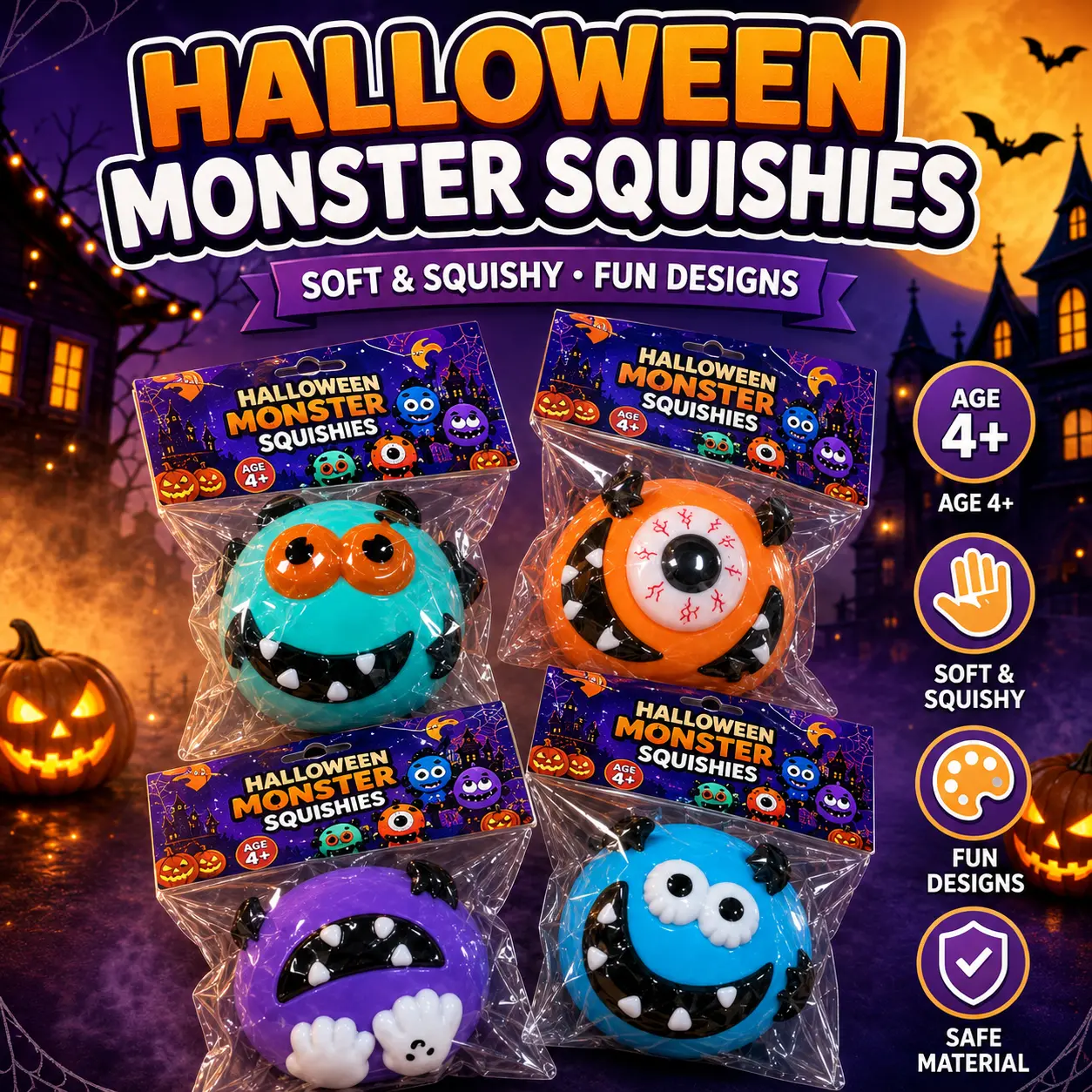 Halloween Monster Face Squishy Toy, DIY Self-Adhesive Expression Squeeze Toy with Shaving Cream Filling, Sensory Stress Relief Fidget Toy, Desk Toy and Halloween Gift