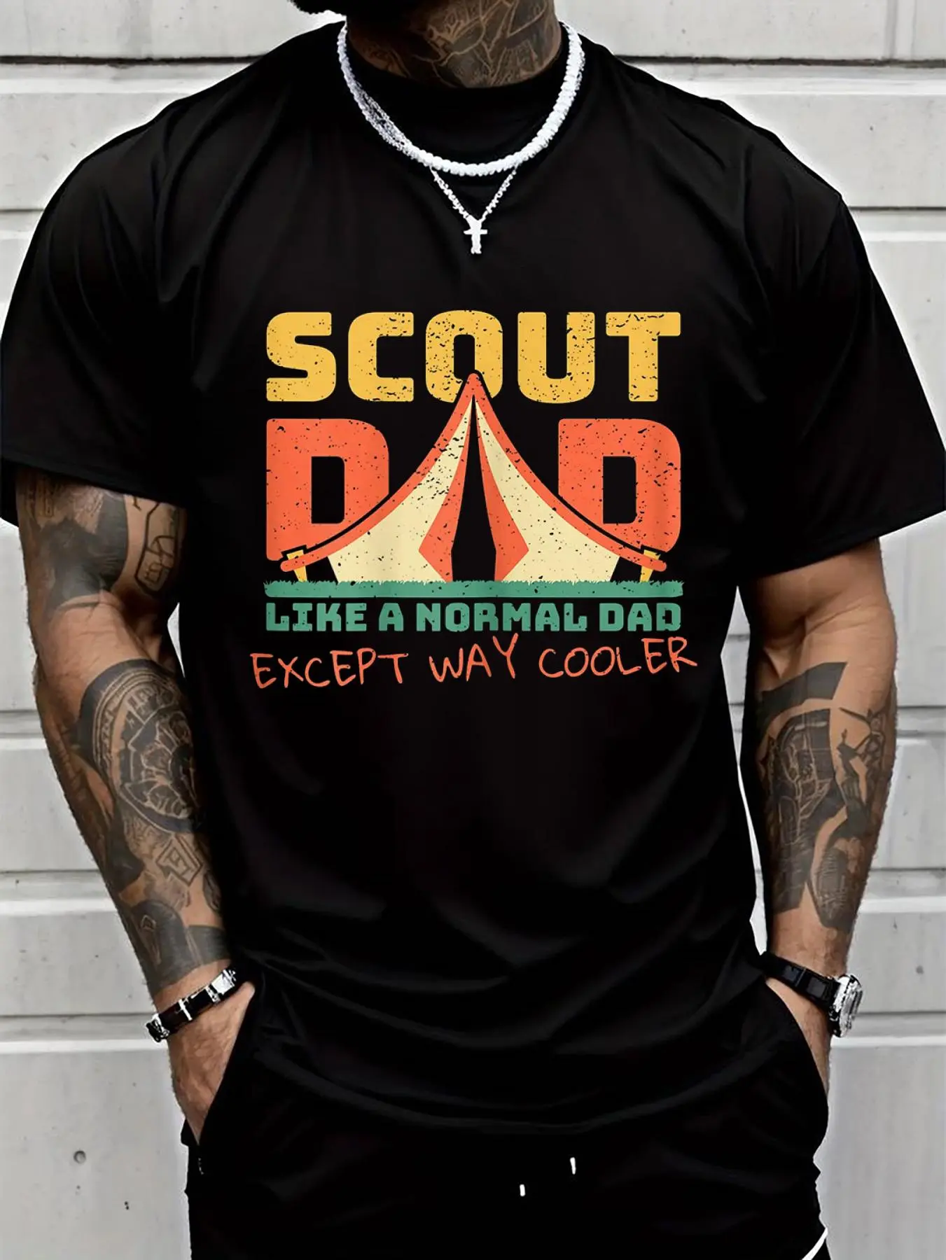 100% cotton Scout dad Nature Survival Camping Hiking T-Shirt Printed T-shirt, Short-sleeved Crew Neck Casual Top, Suitable For All Seasons, Men's Wear