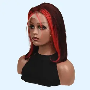 Glueless Highlight Red 99J Short Bob Wig Human Hair 13x4 Lace Frontal Wigs For Women Red Burgundy Transparent Lace Frontal Wig Super Double Drawn Bone Straight Bob Wig Colored Real Human Hair Wigs Pre Plucked 180 Density