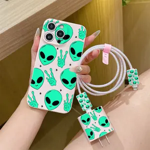 6 Piece Set Eye-Catching Alien Phone Case Pattern, Charger Head Cover, Cable Protector, Storage Rope, Data Line Wrap Cord for iPhone