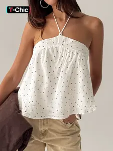 Polka Dot Halter Top Women's Casual Summer Fashion Chic Cute Daily Wear Double Layered Sexy Crop Top Womenswear