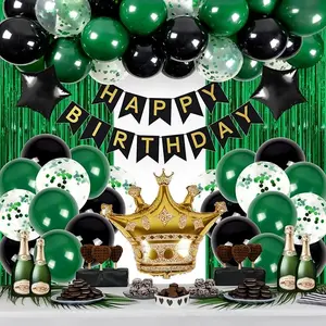 Green Happy Birthday Decorations for Men with Happy Birthday Banner, Fringe Curtains, Star Foil Balloons,Balloon Kits for 21st,25th 27th 30th 35th 40 50 60th Birthday Decorations