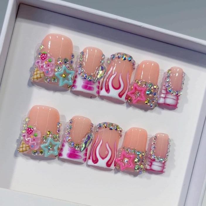 NAILROSY 10Pcs Handmade Press On Nails Short Duck Multicolor Acrylic Nail Supplies 3D Floral Manicure Y2K Cute Reusable for Girls Women Festivals Parties Gift Box Included Designs