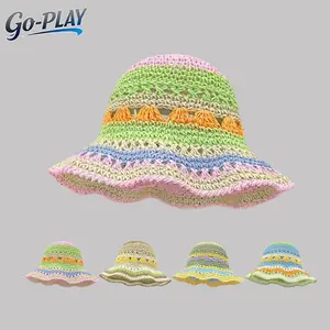 Women Rainbow Handmade Straw Bucket Hat Wide Brim UV Protection Summer Beach Sun Hat Aesthetic Photo Shoot Holiday Camping Commute Travel Cap for Girls