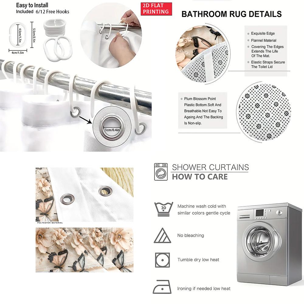 2D plan, 1/4 piece creative butterfly flower bathroom set, suitable for home and hotel use - elegant beige shower curtain with anti slip bath mat, toilet seat cover and U-shaped blanket pad, essential home decoration items, bathroom decoration accessories