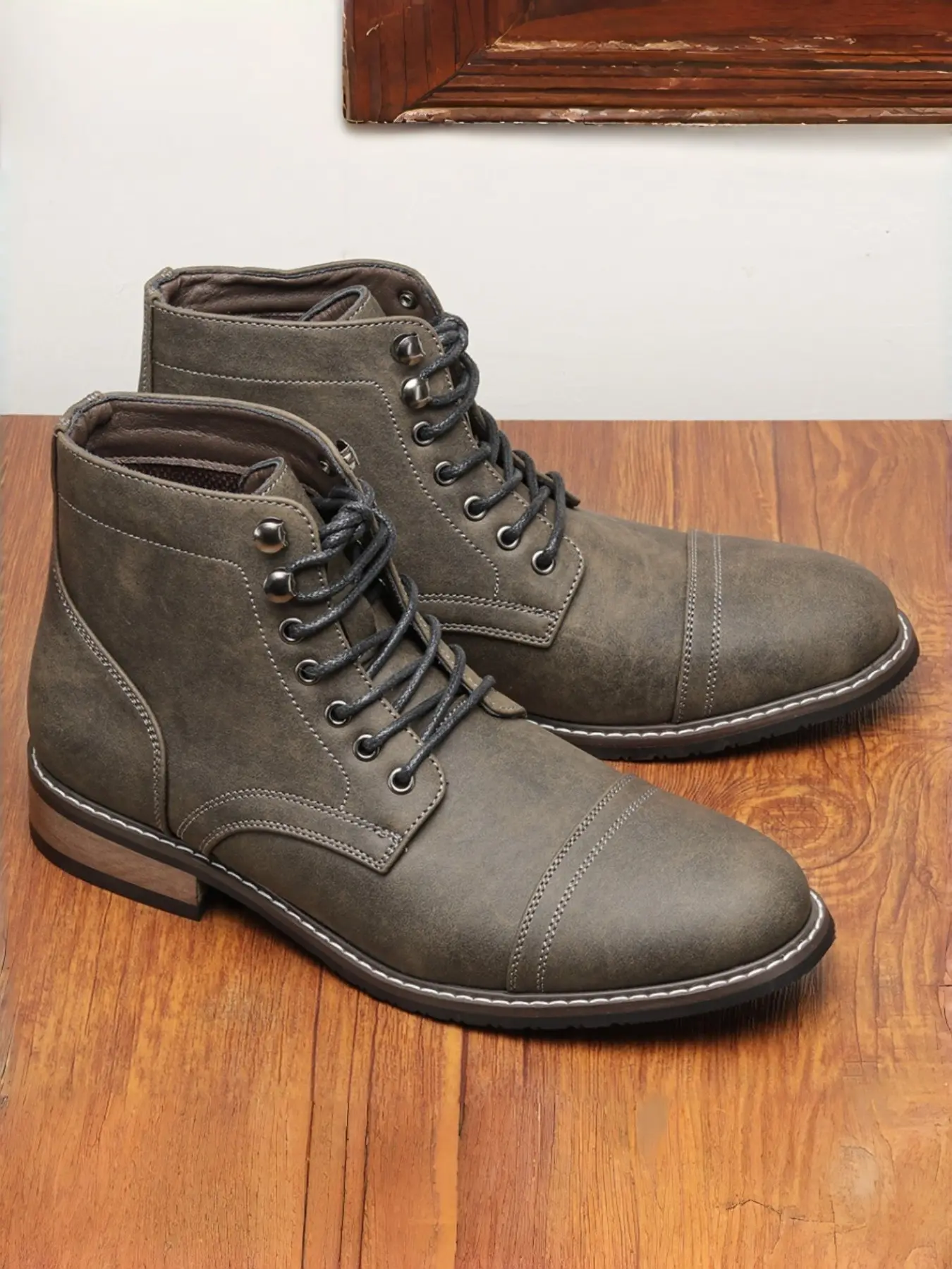 Men's Vintage Workwear Lace-Up Short Boots, Daily Wear Boots, Solid Color Boots, PU Leather Textured Sole, Anti-Slip Rubber Bottom, Casual Commute Shoes, Walking Shoes
