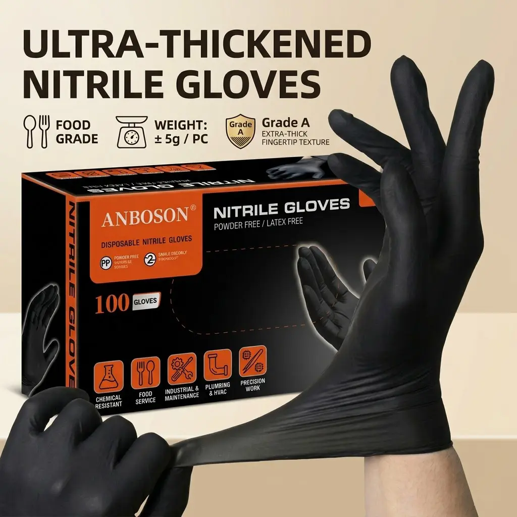 Anboson Disposable Black Nitrile Cleaning Gloves - Ultra-Thick, Comfortable, Food-Grade, Waterproof, Oil-Resistant (100PCS) for Kitchen Dishwashing