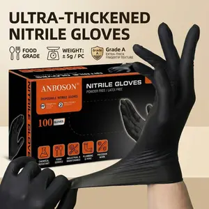 Anboson Disposable Black Nitrile Cleaning Gloves - Ultra-Thick, Comfortable, Food-Grade, Waterproof, Oil-Resistant (100PCS) for Kitchen Dishwashing