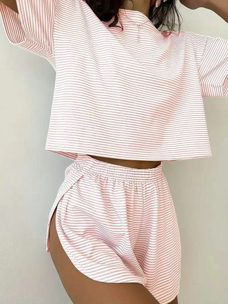 PHEFEE Women's 2 Piece Striped Lounge Set Short Sleeve Crop Top and High Slit Shorts Casual Summer Outfits Y2K Pajamas