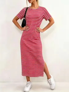 Women's Striped Knit Short Summer Dress, Fitted Casual Style, Versatile Fashion for Home, Office, Parties, Multifunctional for Various Occasions