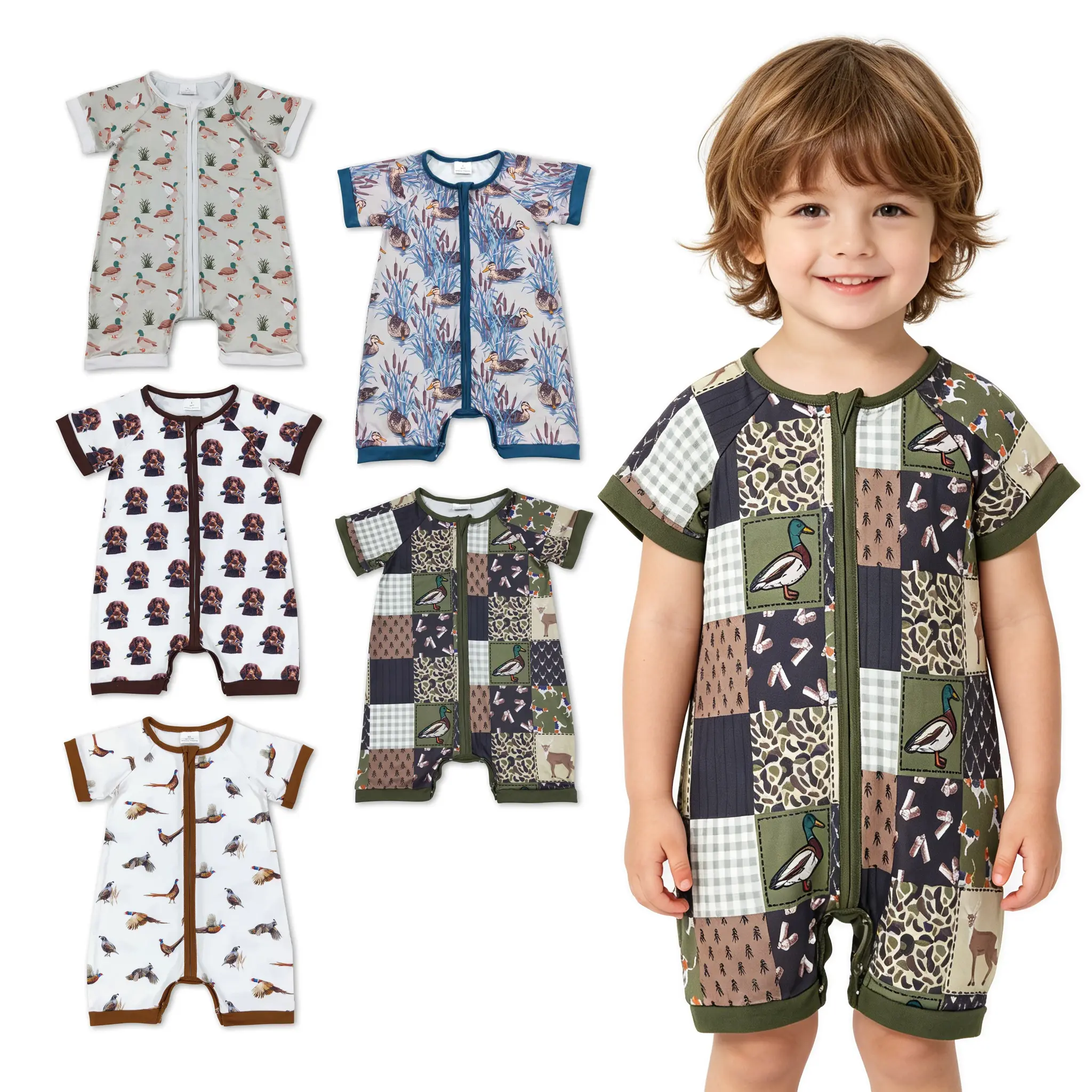 Unisex Baby Romper with Hunting Dog & Duck Print, Soft Cotton-Spandex Jumpsuit, Fun Themed Toddler Onesie Pajamas with Zipper Closure, Fun Themed Bodysuits, Onesie Shape Unisex Bodysuits & One-Pieces