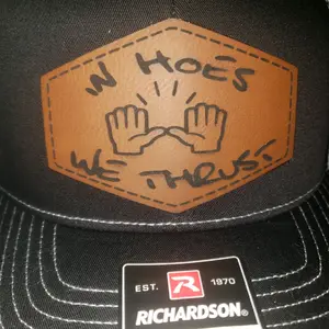In hoes we thrust laser engraved leather patch