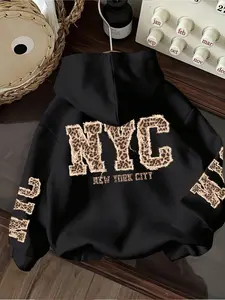 Women's Fashion Leopard Print Hoodie, Casual Loose-Fit Sweatshirt, Fall & Winter Warm Home Wear, Heart Pattern Design, Everyday