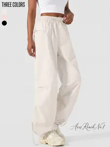 A1 Women's Baggy Parachute Pants Y2K High Waisted Drawstring Wide Leg Cargo Pants Lightweight Moisture-Wicking Utility Trousers with Adjustable Hem for Casual Streetwear Dance