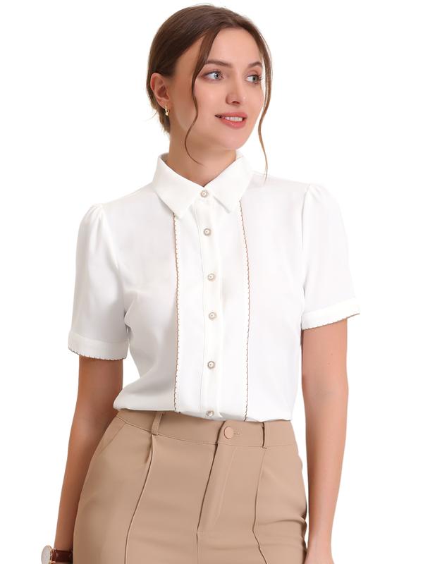 INSPIRE CHIC Contrast Trim Puff Short Sleeve Button Down Shirt Blouse