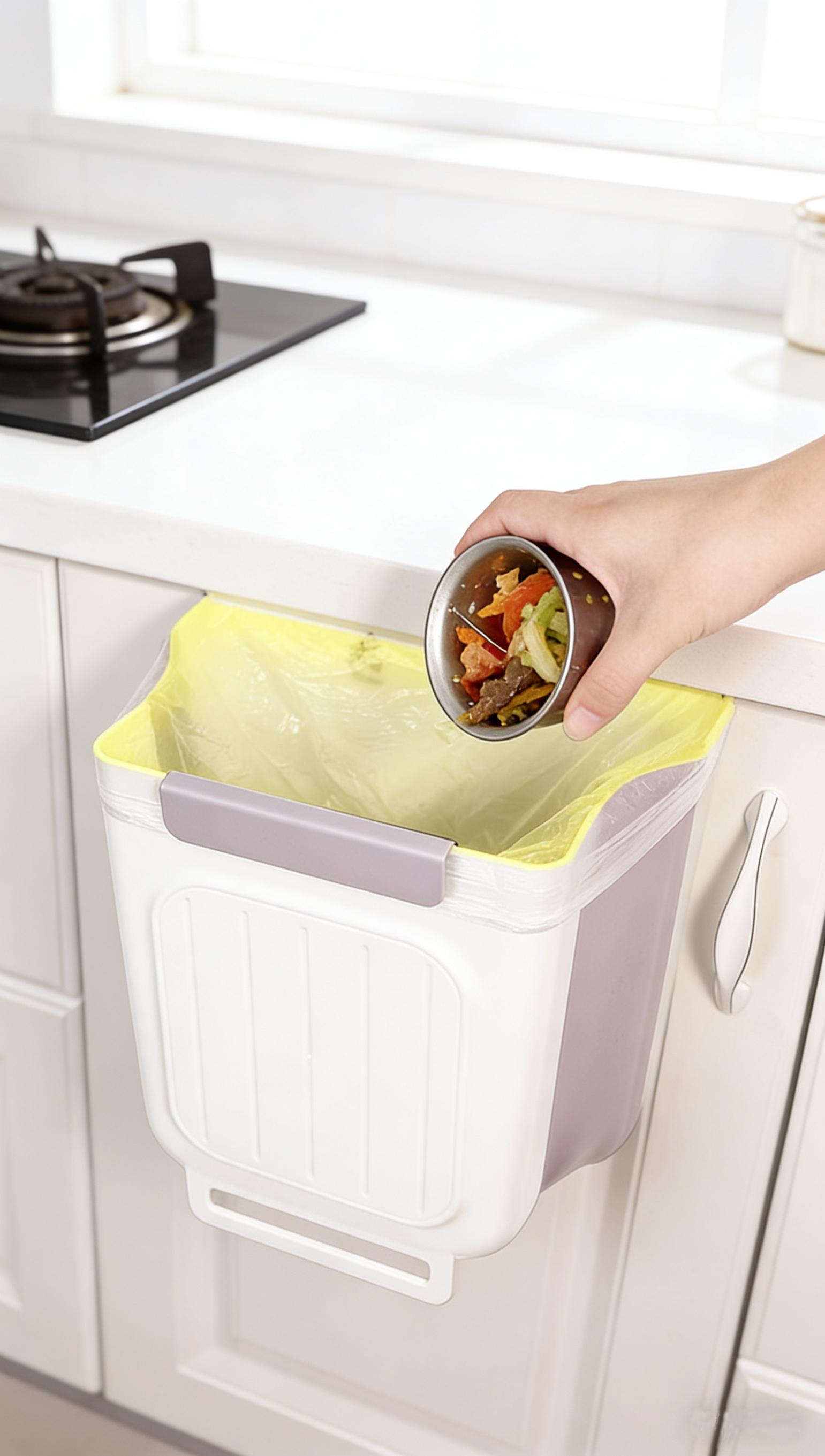 Foldable Kitchen Trash Can, Hanging Cabinet Door Garbage Bin, No Bending Over, Space Saving Wall Mounted Rubbish Bin for Kitchen, Bathroom,Foldable Design for Easy Storage, Durable Plastic Waste Container for Food Scraps, Household Organizer