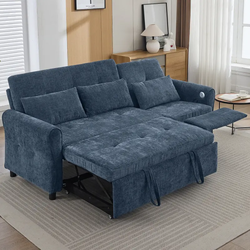 Recliner Sleeper Sofa Bed, Convertible Couch with Pull Out Bed & Adjustable Backrest & Reversible Recliner for Living Room, Modern Chenille 3-Seater Sofa with USB Ports