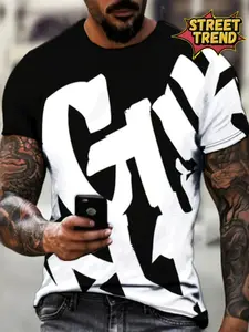 Men's Letter Print Short Sleeve T-Shirt, Casual Street Style Round Neck Top, Summer Fashion Men's Clothing, Streetwear, Menswear