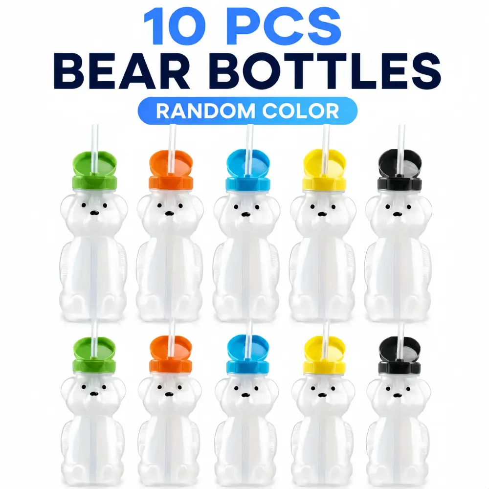 10 Pack Honey Bear Straw Cups, Reusable Cute Bear Drinkware with Lids & Flexible Straws, Portable Stylish Water Bottles for Outdoor Party Daily Use Accessories