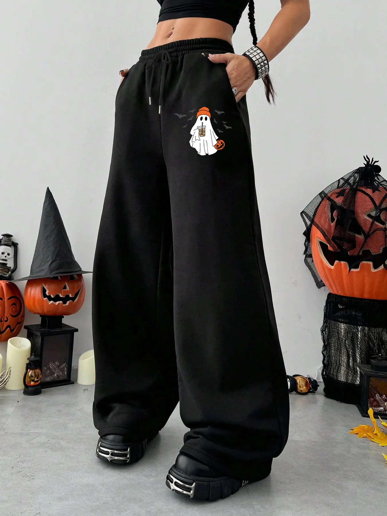 Halloween Ghost & Bat Print Drawstring Elastic Pocket Wide Leg Fitted Pants, Casual Pocket Design, Comfortable Casual Women's Trousers, Fashionable Daily Wear