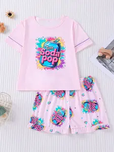 Pink 'Soda Pop' soda pattern print, Cartoon theme, children's short sleeved pajamas set, flame-retardant round neck, suitable for daily and home wear, Pajamas sleepwear
