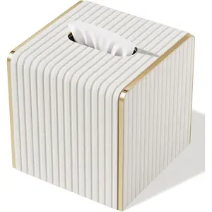 White Square Leather Tissue Box Cover with Gold-Tone Edging Decoration, Tissue Holder for Bathroom Toilet Bedroom Living Room Table Desk Office Modern Home Decor