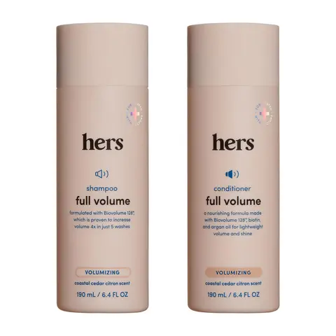 Hers Full Volume Argan Oil Haircare Set - Women's Volumizing Biotin-Enriched Shampoo & Hydrating Conditioner, Soft Cedar & Citrus Oil Blend, Paraben-Free, Adds Full Lift, Shine, Bounce, Cruelty-Free Beauty Routine, 2x6.4 fl oz Bottles