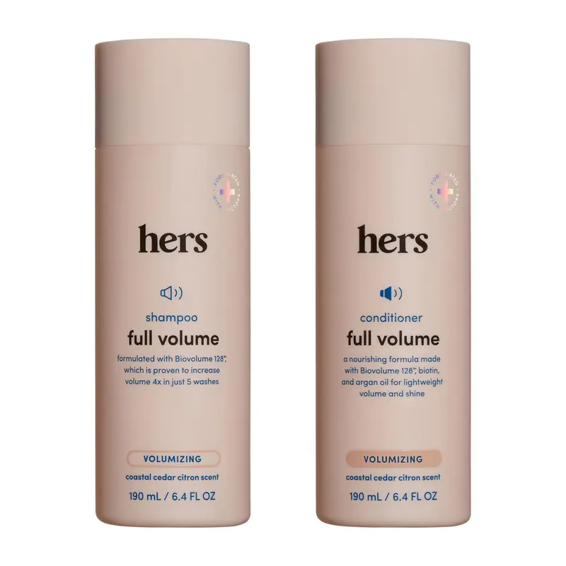 Hers Full Volume Argan Oil Haircare Set - Women's Volumizing Biotin-Enriched Shampoo & Hydrating Conditioner, Soft Cedar & Citrus Oil Blend, Paraben-Free, Adds Full Lift, Shine, Bounce, Cruelty-Free Beauty Routine, 2x6.4 fl oz Bottles