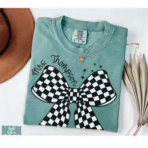 Custom Teacher Checkered Bow Comfort Colors Shirt, Teacher Name Tee, Back To School T-Shirt, Teacher Appreciation Shirt, Gift For Teacher