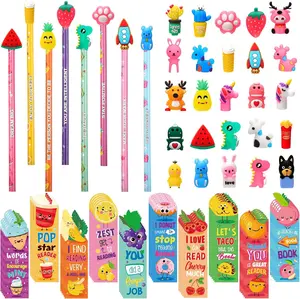 128pcs Scented Bookmarks Gift with 48 Scented Pencils and 50 Cented Bookmarks 30 Cartoon Pencil Toppers Fun Pencils Gift Fruit Food Theme Scratch Bookmarks for Classroom Student Reading Supplies