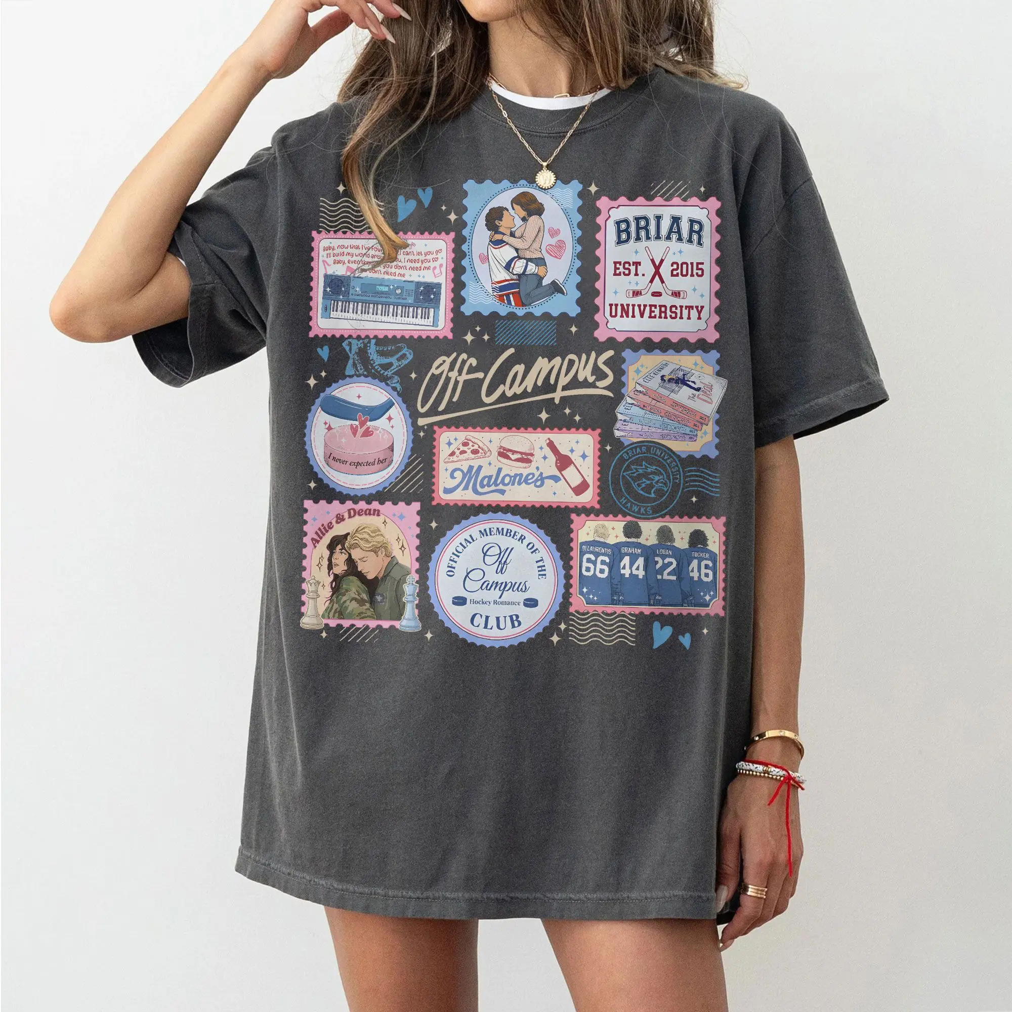 Comfort Colors Loose-Fit Baggy Graphic Print Hockey Stamps Top - Off-Campus Briar University Clothes, Graham 44 Hockey Romance Series Art Gift for Reading Lovers (Standard Size)