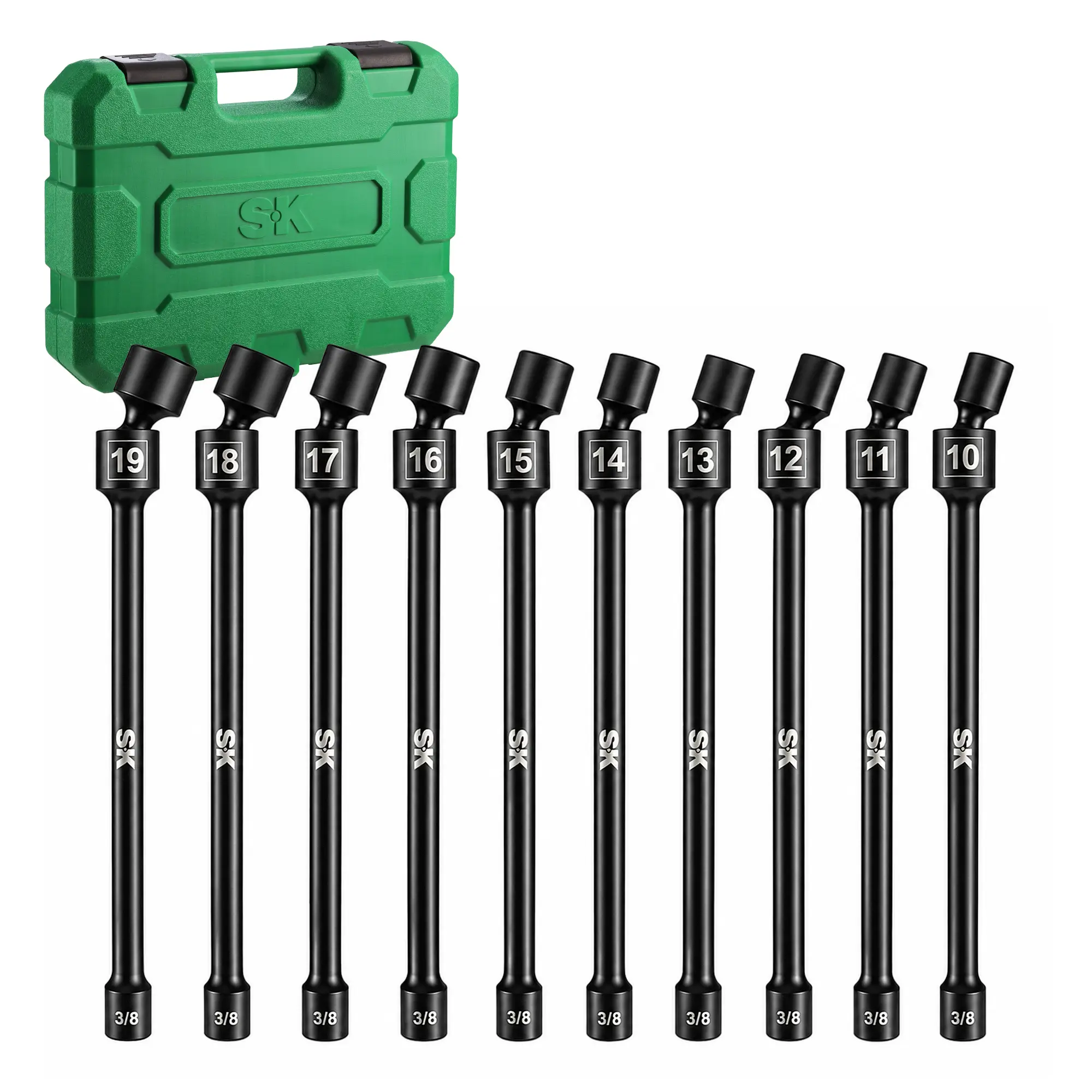 SK 3/8'' Drive Pinless Universal Impact Extension Socket Set, CR-Mo Steel, 360° Swivel, Metric 6-Point 10-19mm Wobble Socket, 10-Pack, Exceeds ANSI/ASME by 1.3X Torque, 10'' Long Reach Torque Saver