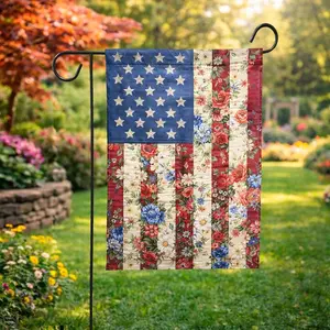USA Flag Floral Garden Flag, 4th Of July Red White And Blue Flag, Vintage Americana Outdoor Flag