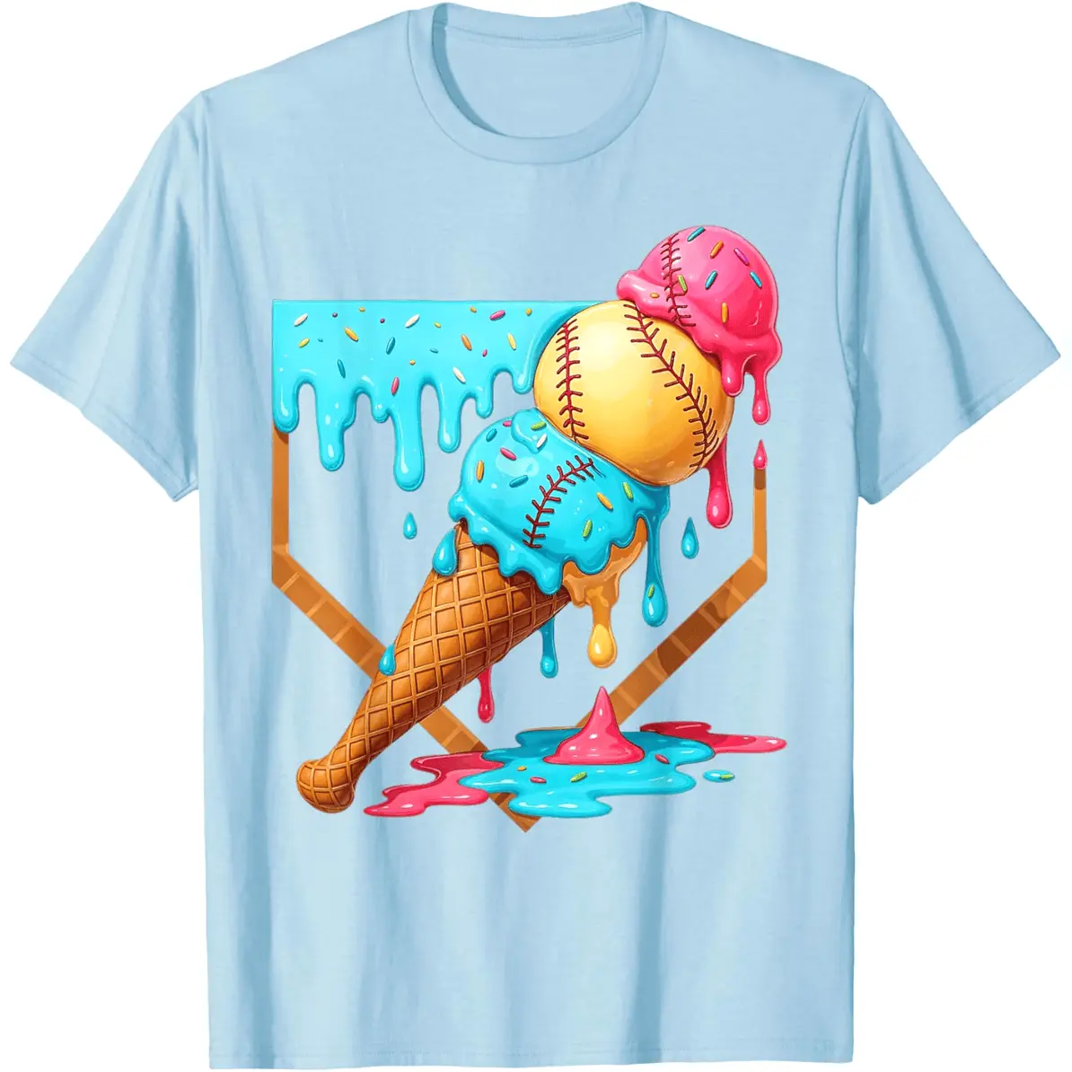Baseball Ice Cream Dripping Funny Baseball Men T-Shirt Everyday Cotton T-Shirt