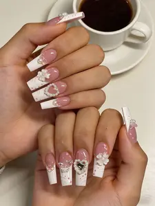 Aesthetic Cute Butterfly Press on Nails 24Pcs Long Sweet Fake Nails Glue on Nails Square Shaped Acrylic Nails with Cutics Pearl Love Flower Designs White French False Nail Tips Long Square Stick on Nails for Women Manicure