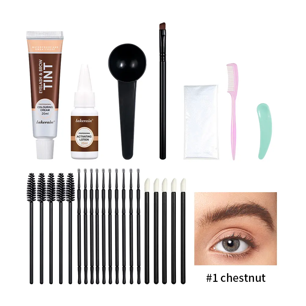 Lakerain Chestnut Eyebrow Permanent Tint Complete Kit - Water-Based Formula, Activating Lotion, Brushes, Cosmetic Tools for Precise Brow Definition (All Skin Types Beauty & Personal Care Makeup Set)