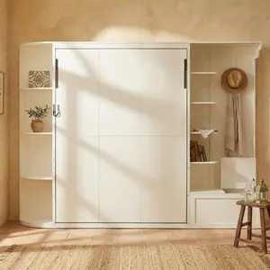 Queen Murphy Bed with Storage Cabinets & LED Lights, Oak Veneer Finish