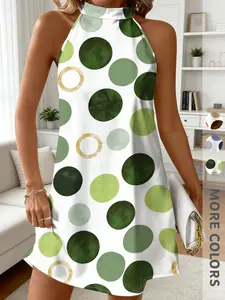 New Summer Women's Halter Backless Dress, Polka Dot Print, Sleeveless, Knee-Length, Loose A-Line, Holiday Style, Fashionable & Comfortable