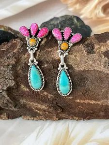 Handmade Sterling Silver Spring Collection: Hot Pink with Bumblebee and Kingman Post Dangle Earrings "Signed Nizhoni"