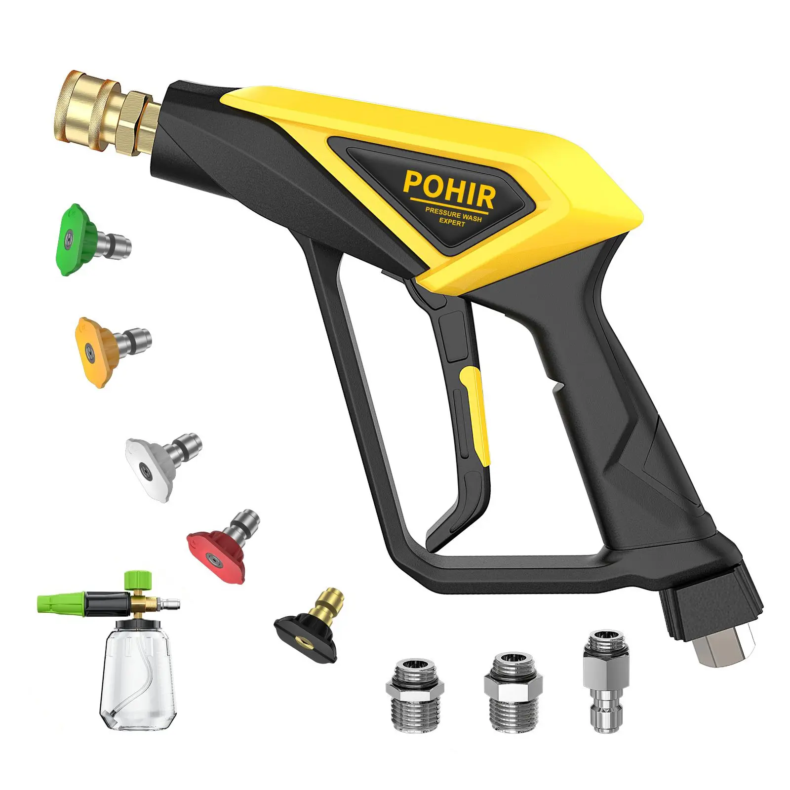 POHIR 4500 PSI Short-Handle Pressure Washer Gun Kit - High-Quality Brass Core, 1/4 in Quick Connector, 5 Nozzle Tips, Free Foam Lance, Lightweight Easy-Pull Grip, Car Detailing Accessories, Water Plants Tool, Precision Cleaning Solution, No, Car Wash
